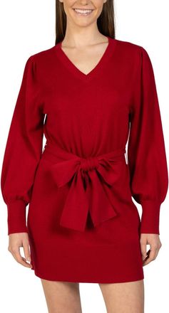 Love Token Short Knit Mini Sweater Dress With Tie In Red
