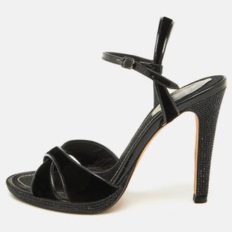 Rene Caovilla Ren&eacute; Caovilla Black Velvet And Patent Leather Ankle Strap Sandals