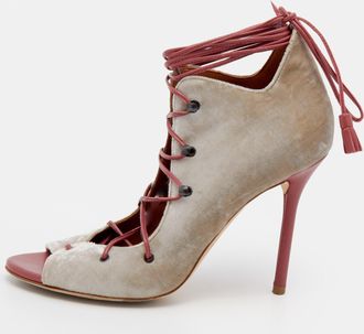 Malone Souliers Grey/pink Velvet And Leather Savannah Ankle Wrap Sandals