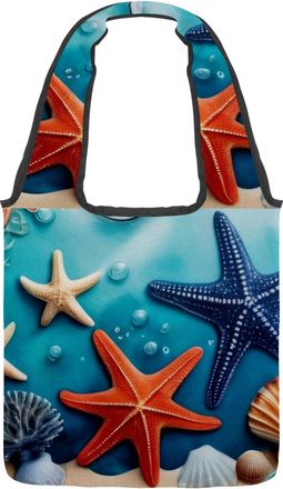 Generic Seashell Coral Starfish Reversible Canvas Shoulder Tote - Double-Sided Print, 12oz Cotton, 27cm Drop, Fold-Flat Bag for Travel, Shopping, Street Outin