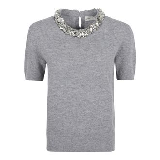 Tory Burch Tory Burch, Round-neck Knitwear, female, Gray, Size: M Wool and Sequin Short-Sleeved Sweater