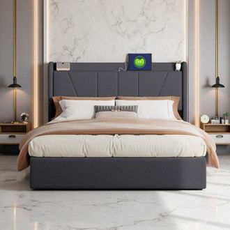OEM Cama Doble 160x200cm - Cama Cofre Hidr&aacute;ulica - Tela Lino Gris - 2 Puertos Usb - Dise&ntilde;o Contempor&aacute;neo