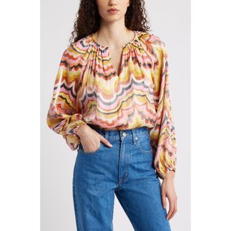 Ciebon Oriana Wave Print Satin Blouse in Pink Multi at Nordstrom, Size X-Small