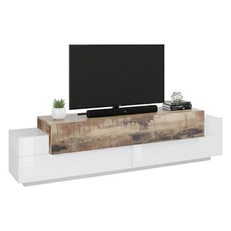 Dmora Dmora - Mueble Para Tv Para Sala De Estar, Made In Italy, Mueble Para Tv Con 3 Puertas Y Estantes, Cm 200x45h52, Blanco Brillante Y Color Arce, Con Em