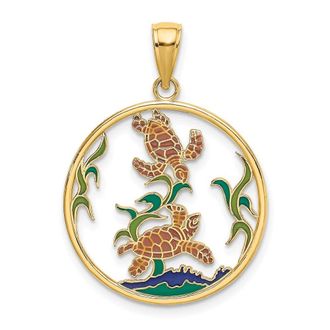 Diamond2Deal 14k Yellow Gold Enamel Sea Turtles In Circle Charm