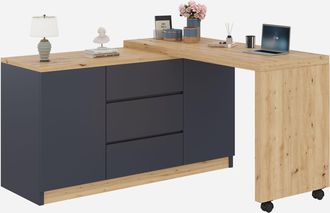 STILVORA Escritorio Plegable Con 2 Puertas Y 3 Cajones, 2 Ruedas Con Freno, 120 X 50 X 76.5 Cm, Gris Y Roble
