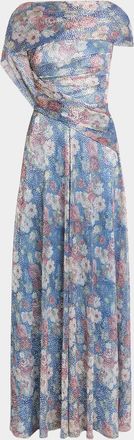 Talbot Runhof Metallic Floral Voile Draped Cap-Sleeve Evening Gown