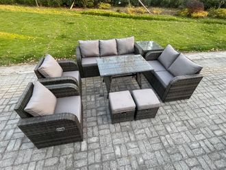 Fimous 9 Seater High Back PE Rattan Sofa Set Outdoor Garden Furniture Dining Table Set With Reclining Chair 3 Seater Sofa in Dark Grey