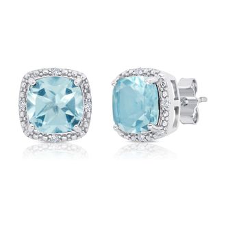 MAX + STONE Sterling Silver 7mm Cushion Cut Gemstone Stud Earrings with Diamond Accent Halo