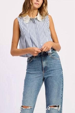 En Saison Clara Stripe Top In Sky Navy Ivory