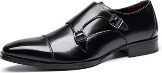 Generic Formal Shoes for Men Lace Up Plain Toe Double Monk Strap Cap Toe Leather Slip Resistant Anti-Slip Rubber Sole Classic(Black,6.5 UK)