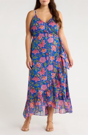 Sugarlips Wendey Metallic Floral Ruffle Cocktail Wrap Dress in Blue-Mult at Nordstrom, Size 2 X