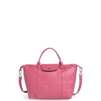 Longchamp Medium Le Pliage Cuir Leather Top Handle Tote in Peony at Nordstrom Rack