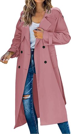 Generic DUHENWU Womens Solid Windbreaker Casual Long Trench Windproof Coat Double-Breasted Lapel Collar Windbreaker Jacket Long Jacket Outerwear with Belt But
