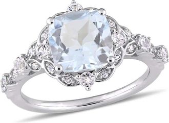 Amour 2 3/5 CT TGW Cushion-cut Aquamarine, White Sapphire and Diamond Accent Vintage Ring In 14K White Gold