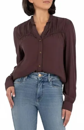 Kut from the Kloth Isley Button Shirt With Neck Ruffle In Chocolate Brown