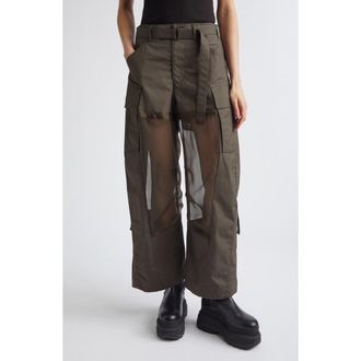 sacai Mixed Media Coated Cotton & Chiffon Wide Leg Cargo Pants in Dark Khaki at Nordstrom, Size 1
