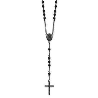 Diamond2Deal Stainless Steel Polished Black IP-plated Beaded Rosary Cross Necklace 30
