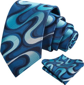 Alizeal Mens Ripple Patterned Necktie and Hanky Colorful Gradient Novelty Tie and Pocket Square Set, Teal Blue