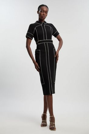 Karen Millen Womens Compact Stretch Contrast Tipped Tab Detail Tailored Pencil Dress - Black - Size 12 UK