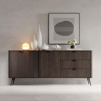 Dmora Aparador Kabatiti, Alacena 3 Cajones, 2 Estantes, Puerta Batiente, Deslizante, 195x38x81h Cm Marr&oacute;n Nogal