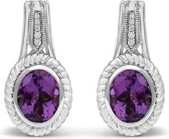 House of Brilliance Sterling Silver Oval Purple Amethyst and Diamond Accent Rope Design Drop Earrings