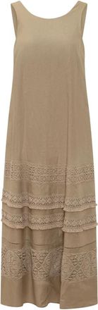 Max Mara Mouwloze ruchesjurk met decoratieve inzetstukken - Dames - Maxi kleedjes - Beige - S - Kleedjes