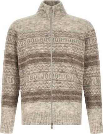 Brunello Cucinelli Nordic Jacquard High-neck Cardigan - Heren - Vesten - Beige - XL - Wol - Truien & Vesten