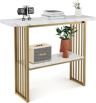 Costway Costway - Mesa De Consola De 2 Niveles, Consola Recibidor De 120 Cm De M&aacute;rmol De Imitaci&oacute;n Blanco Con Estante Abierto, Mesa De Entrada Moderna, Mueble