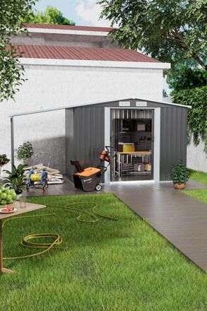 Living and Home 8x6 ft Apex Metal Shed Garden Storage Shed Double Door with Garden Shelter in Grey