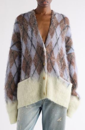 Acne Studios Katcher Argyle Mohair & Wool Blend Cardigan in Grey/Brown at Nordstrom, Size X-Small
