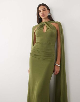 Tfnc vestito lungo allacciato al collo con maniche a mantella, verde oliva