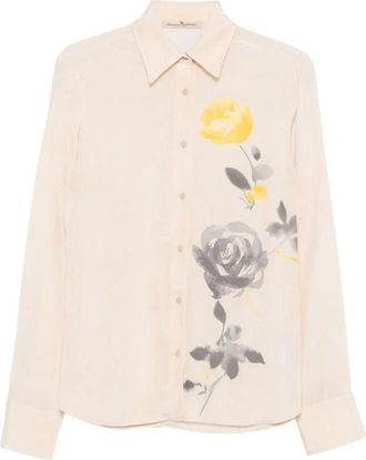 Ermanno Scervino Zijden Blouse met Bloemendruk - Dames - Overhemden - Beige - M - Overhemden