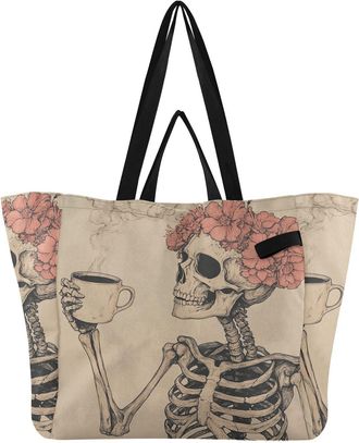 Generic Floral Skull Beige print Reusable Canvas Tote Bag, Heavy Duty Grocery Shopping Bag with Large Capacity Hard Bottom Double Handles Work Groceries Trave