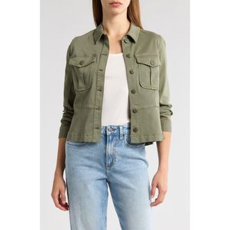 Liverpool L.A. Peplum Twill Trucker Jacket in Martini Olive at Nordstrom, Size Medium