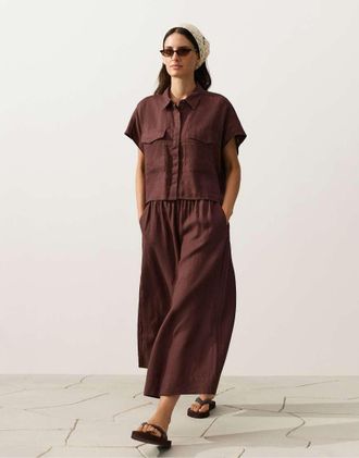 Oysho Pantaloni cropped a fondo super ampio marroni 100% lino-Marrone