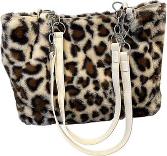 Generic Womens Plush Bags Simple Versatile Plush Leopard Tote Bag For Women Fluffy Shoulder Large Capacity Commuter Handle(White)