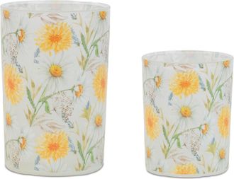 Melrose International Floral Print Votive Candle Holder (Set of 2) - Yellow, Green