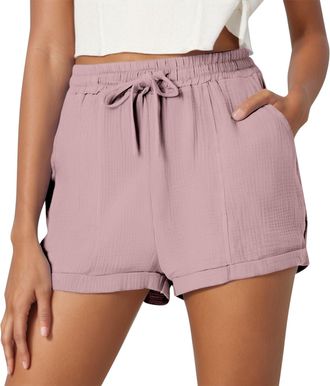 Generic Linen Shorts Women Ladies Solid Colour Drawstring with Pockets Elastic Waist Loose Casual Pants Summer Clothes Beach Walking Pants for Women UK Solid 