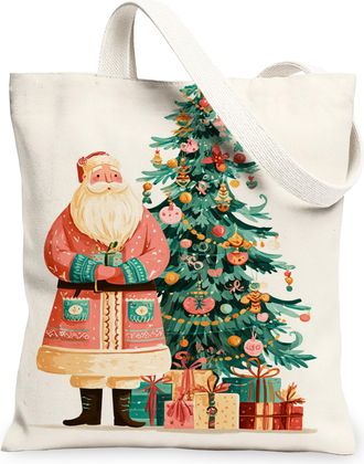 Generic Christmas Vintage Canvas Tote Bags, Holiday Santa Tree Design Reusable Grocery Bags, Lightweight Washable Shoulder Strap Ca, White, 13x15 Inch