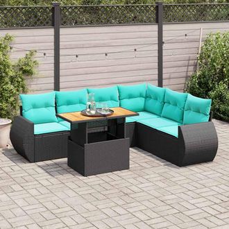vidaXL Vidaxl Set De Sof&aacute;s De Jard&iacute;n 7 Pzas Con Cojines Rat&aacute;n Sint&eacute;tico Negro