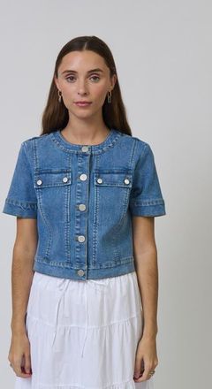 Central Park West Serena Short Sleeve Denim Jacket in Medium Wash at Nordstrom, Size X-Small