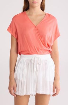 Elan Short Sleeve Faux Wrap Cover-Up Crop Top in Coral at Nordstrom Rack, Size X-Small