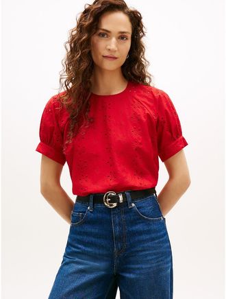 Tommy Hilfiger Womens Puff-Sleeve Embroidered Eyelet Top - Red - XXL