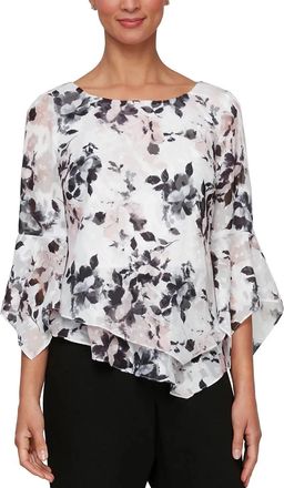 Alex Evenings Top Women Ivory Floral 3/4 Sleeve Scoop Neck Blouse PALL127