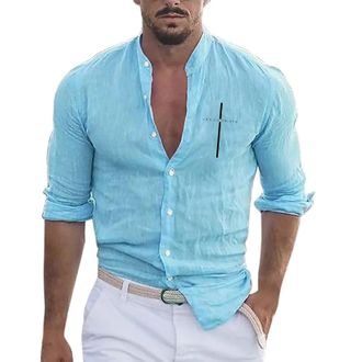 Generic Button Down T Shirt For Men - Formal Work Shirt Regular Fit Blouse Cotton Linen Long Sleeve Solid Color Shirts Outdoor Leisure Tops Comfort Summer Clo