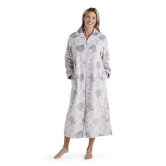 Miss Elaine Womens Robe Long, Plush Ultra Soft Fleece, Zipper Robe with Long Sleeves and Two Side Pockets, Grey Roses, Medium