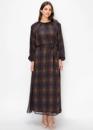 YAL New York Navy Check Chiffon Dress, Gathered Neck