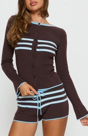Princess Polly Beverlea Stripe Rib Cardigan in Brown /Blue Stripe at Nordstrom, Size 10