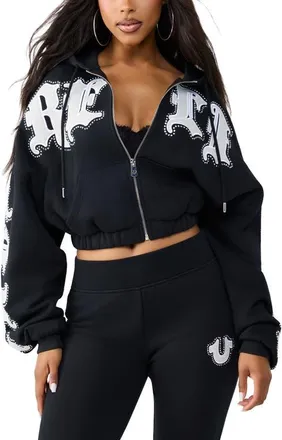 True Religion Crystal Patched Relaxed Full Zip Hoodie in Jet Black at Nordstrom, Size Xx-Large